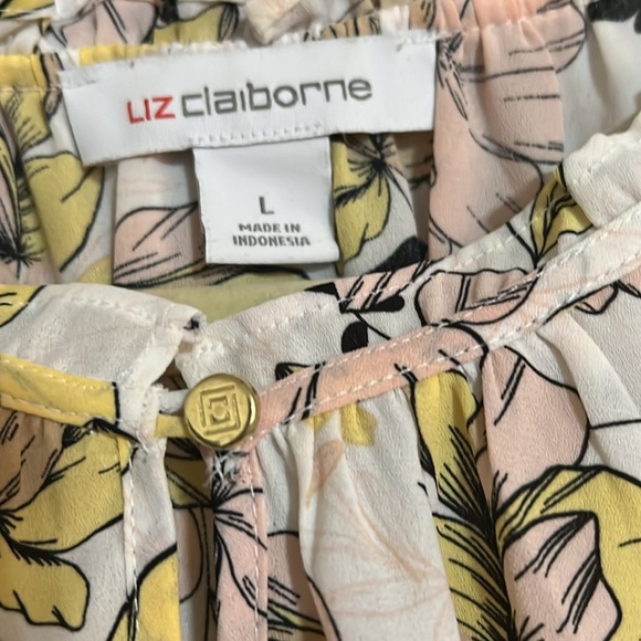 LIZ CLAIBORNE Black/Pink/Tan/Yellow Floral Tier Ruffle Sleeve Top, Sz Large,GUC - Picture 3 of 8